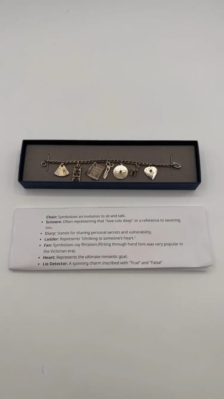 Vintage Silvertone Bracelet Ten Charms Movable Scissors Stair Chair Lie Detector